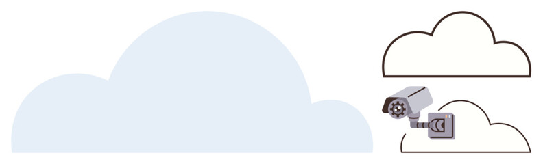 Surveillance camera connected to a storage icon beside abstract cloud shapes. Ideal for security, cloud computing, data monitoring, technology, surveillance, privacy, internet. Simple flat metaphor