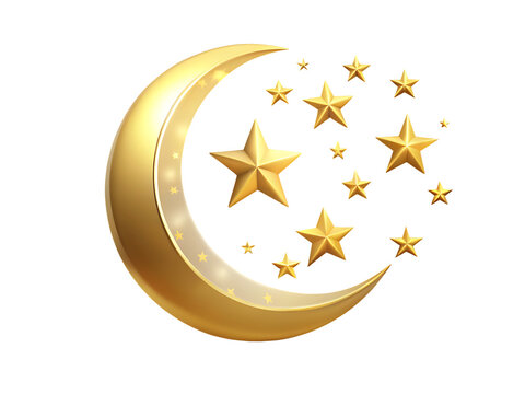 Golden crescent moon and stars isolated on a transparent background celestial