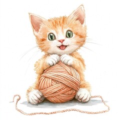 Cute and Playful Kitten Tangled in a Ball of Vibrant Red and Orange Yarn on a Soft Watercolor Painted White Background