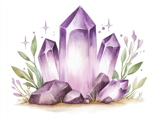 Stunning watercolor depicting a sparkling faceted amethyst crystal with a captivating ethereal glow against a clean white background  This mystical
