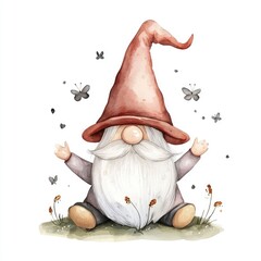 Whimsical Watercolor of a Friendly Gnome Character Wearing a Large Decorative Hat on a Bright White Background with No Text or Shadow