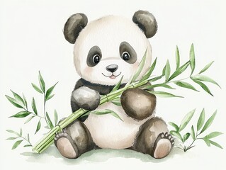 Adorable Watercolor of a Playful Panda Happily Munching on Lush Green Bamboo Leaves Against a Clean White Background