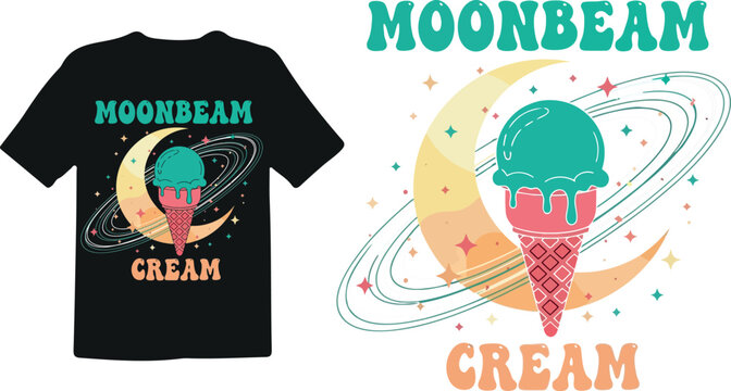 T shirt design vector art of retro space ice cream cone with moon and stars, text moonbeam cream, perfect for tshirt design and apparel