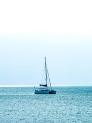 Fototapeta premium A low-angle shot captures a peaceful and expansive ocean scene. A white catamaran with its mast and rigging stands alone in the center, sailing calmly on the shimmering blue water. The horizon is a