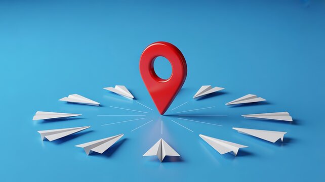 Red location pin surrounded by white paper airplanes on blue background marker navigation