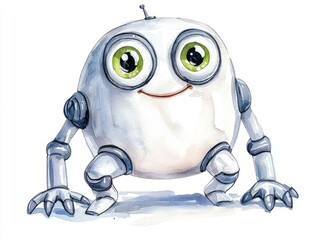 Quirky and Adorable Watercolor of a Friendly Robot Character with Playful Big Round Eyes on a Bright White Isolated Background Perfect for Use in Children s Designs Technology Concepts