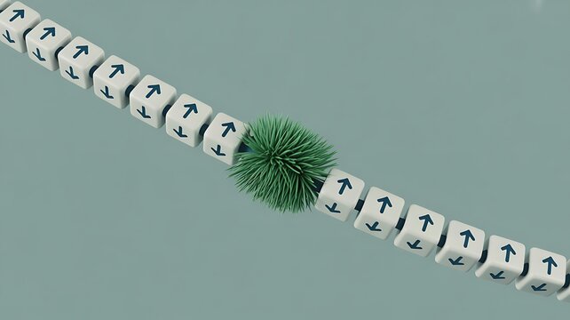 White cubes with blue arrows in a line interrupted by green spiky object image