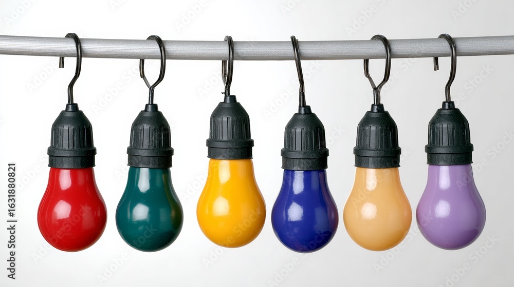 Poster row of colorful light bulbs hanging from a hook. the bulbs are of different colors and sizes, creati