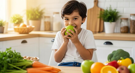Happy boy eating green apple in kitchen, promoting healthy eating and nutrition for child. Family lifestyle.