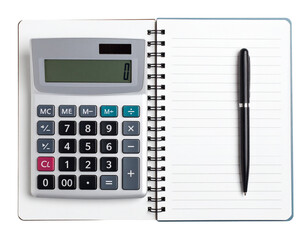 Modern Calculator and Ballpoint Pen on Open Spiral Notebook, Top-Down View, Transparent Background