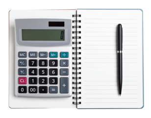 Modern Calculator and Ballpoint Pen on Open Spiral Notebook, Top-Down View, Transparent Background
