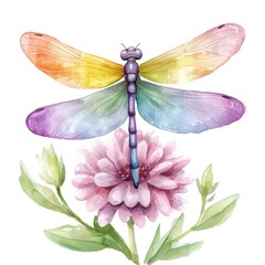 A stunning watercolor of a rainbow colored dragonfly gracefully resting on a captivating floral blossom  creating an ethereal and enchanting scene against a pristine white background