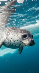 Fototapeta premium Close up of ringed seal (Pusa hispida) swimming underwater, Arctic Sea, Svalbard, Norway. 