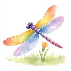 A mesmerizing watercolor depicting a beautifully detailed  rainbow colored dragonfly resting gracefully on a delicate flower against a clean  white background  The insect s vibrant