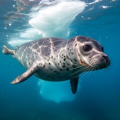 Obraz premium Close up of ringed seal (Pusa hispida) swimming underwater, Arctic Sea, Svalbard, Norway. 