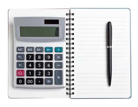 Modern Calculator and Ballpoint Pen on Open Spiral Notebook, Top-Down View, Transparent Background