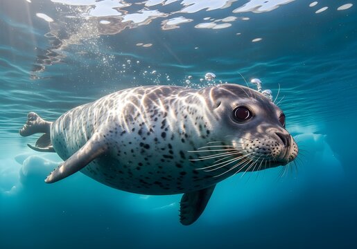 Close up of ringed seal (Pusa hispida) swimming underwater, Arctic Sea, Svalbard, Norway. 
