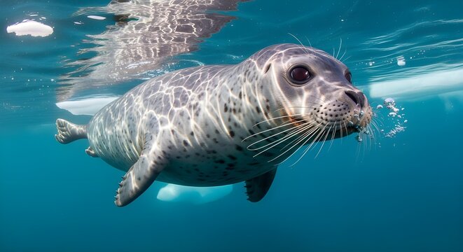 Close up of ringed seal (Pusa hispida) swimming underwater, Arctic Sea, Svalbard, Norway. 
