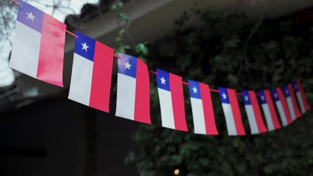Fiestas Patrias chile pennant stars santiago sky grass elements red blue white flags chilean