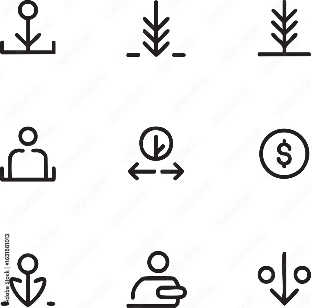 Poster universal actions and interface vector icon set outline style download,save,user,money,percentage,tr