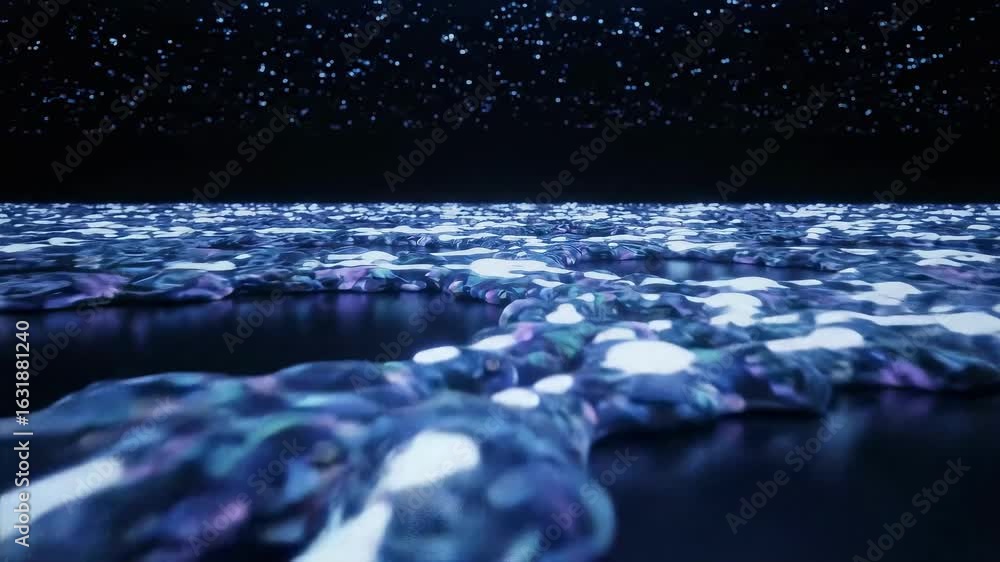 Poster ethereal liquid flowing across a dark cosmic surface with shimmering light particles abstract futuri