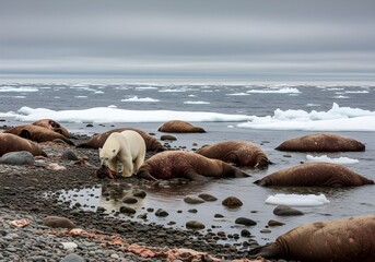 Polar bear seeking for food among the dead body of walruses , coast of Arctic Ocean, Northeastern Russia. Slow motion.
