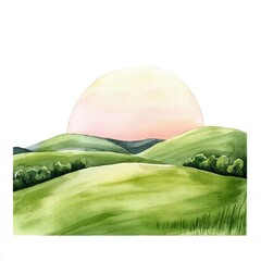 Warm and serene watercolor depicting a pastoral landscape of rolling green hills at sunset  The warm hues seamlessly blend together creating a peaceful and calming atmosphere