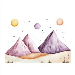 Serene and peaceful watercolor of mountain landscapes under a starlit night sky  featuring soft  muted tones and a minimalist  abstract style that evokes a sense of tranquility and wonder