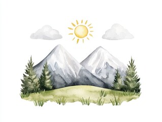 Vibrant watercolor depicting a serene and beautiful landscape of rugged snow capped mountain peaks against a bright sunny sky with wispy clouds  This whimsical