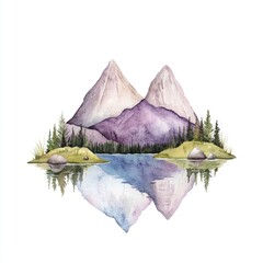 Breathtaking watercolor painting depicting a serene landscape of high  snow capped peaks reflected in the calm waters of a glacial lake  surrounded by lush  evergreen forests and a beautiful