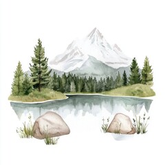 Serene Watercolor Depiction of High Mountain Peaks with Glacial Lake and Evergreen Forest Surrounded by a Peaceful Untouched Natural Landscape