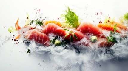 Delectable Sashimi Delight: An artful arrangement of fresh sashimi, meticulously presented and ready to tantalize the senses with vibrant colors and an ethereal touch.