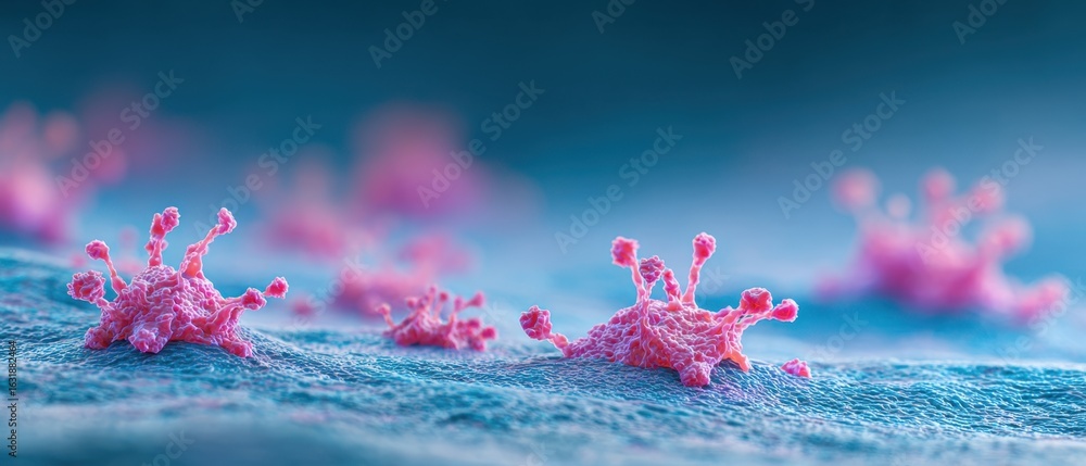 Poster the microscopic view of viruses displaying intricate structures and vibrant colors.