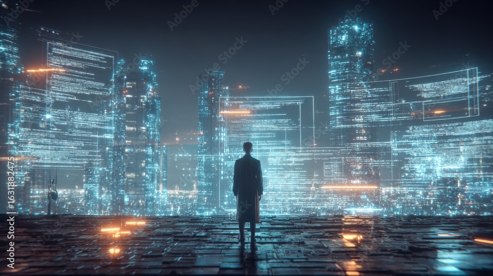 Poster future cityscape projection: man contemplates data overload in a neon-lit metropolis of code and dig
