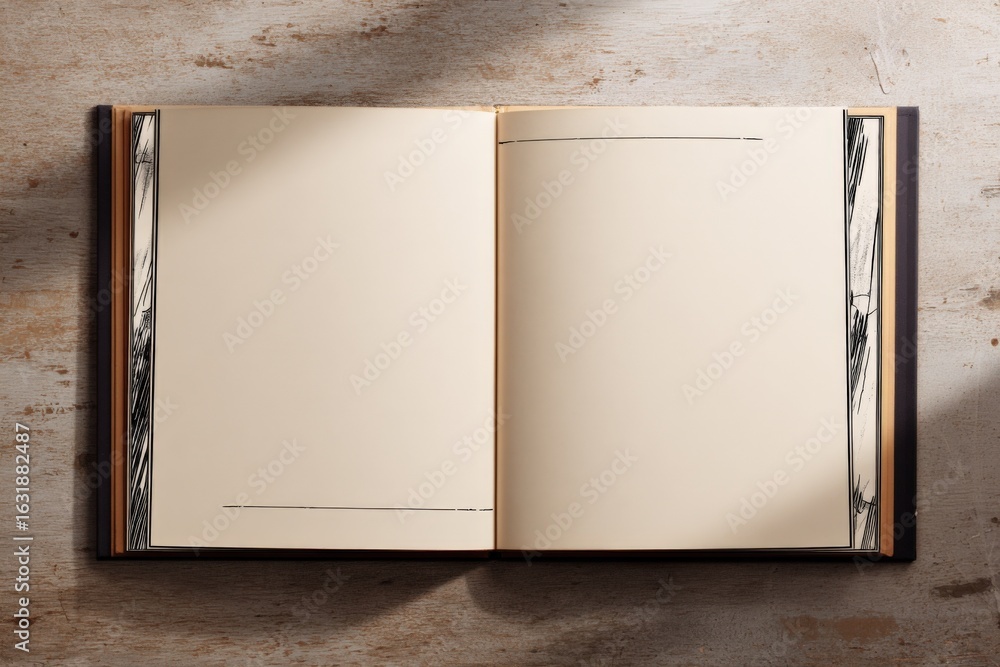 Poster open blank book mockup displaying empty pages on wooden background, ideal for presentations or creat