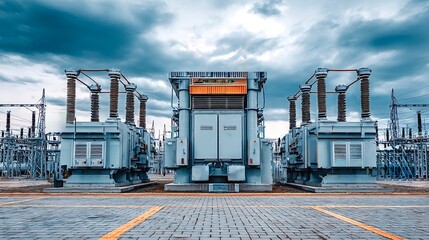 High voltage electrical substation distributing electricity with dramatic cloudscape