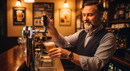 Caucasian man serving beer at bar counter, smiling barista pouring fresh draft into a glass for customer. Bar pub or restaurant theme.