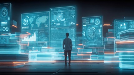 Man Facing Futuristic Interface with Data Visualization, Charts, and Information Displays in a High-Tech Environment