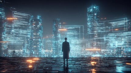 Future Cityscape Projection: Man Contemplates Data Overload in a Neon-Lit Metropolis of Code and Digital Information