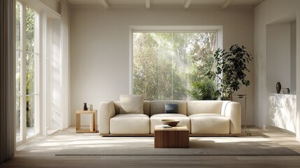 Fototapeta premium Modern Living Room Interior with Comfortable Sofa, Natural Light, and Minimalist Design for Relaxing Lifestyle
