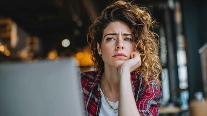 Researching debt forgiveness options online in a cozy setting with warm lighting and thoughtful expression