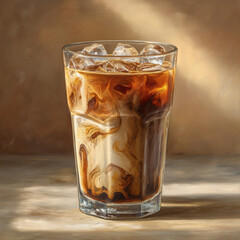A glass of iced coffee with swirling milk, sitting in warm morning sunlight. A refreshing cold drink for a summer break or cafe menu concept.
