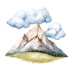 Serene watercolor painting depicting a peaceful landscape with majestic mountain peaks reaching up towards the sky surrounded by drifting clouds creating a calming and ethereal atmosphere  Minimalist
