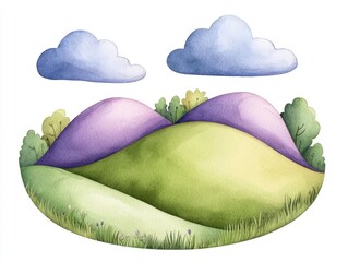 Vibrant and Cheerful Watercolor Painting of Colorful Rolling Hills Embraced by Bright Blue Skies Portraying a Serene and Idyllic Pastoral Scene with a Whimsical Fantasy like Aesthetic