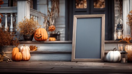 Charming Halloween Display with Pumpkins and Blank Sign on a Rustic Porch - Festive Autumn Mockup