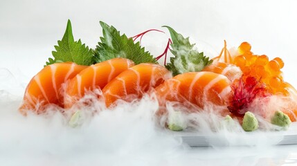 Salmon Sashimi on the rocks: Exquisite slices of fresh salmon sashimi are artfully arranged, complemented by vibrant green garnish and delicate roe.