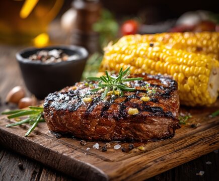 Grilled Steak with corn, on the table, with space for copying