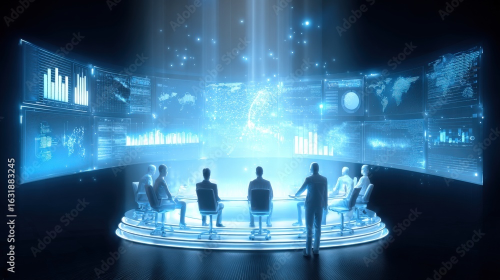 Poster futuristic business meeting with digital screens displaying global data and holographic technology i