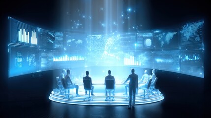 Futuristic Business Meeting with Digital Screens Displaying Global Data and Holographic Technology in a Virtual Space
