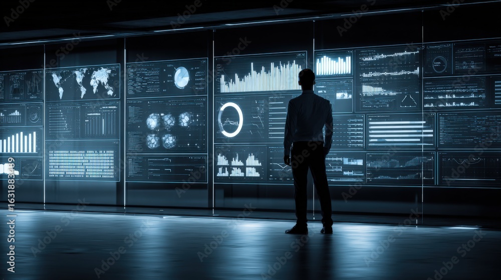 Poster data analyst observing complex financial analytics dashboard displayed on large screen in dark room